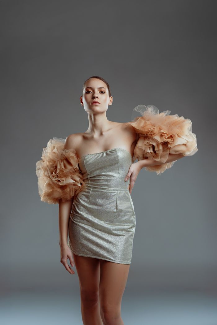 about-us-02 Stylish woman in a metallic dress with dramatic sleeves posing in a studio.